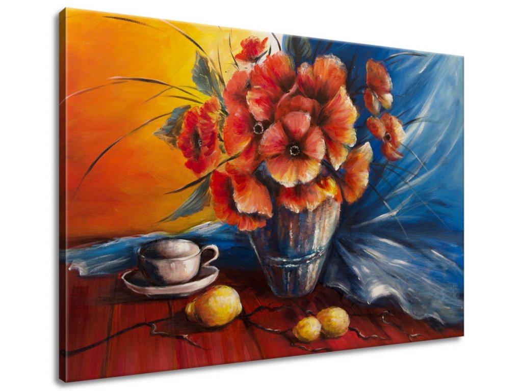 Ručne maľovaný obraz Váza s vlčím makom na stole
