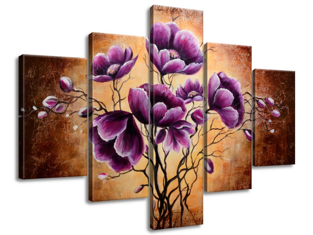 5 dielny ručne maľovaný obraz Rastúce fialové kvety
