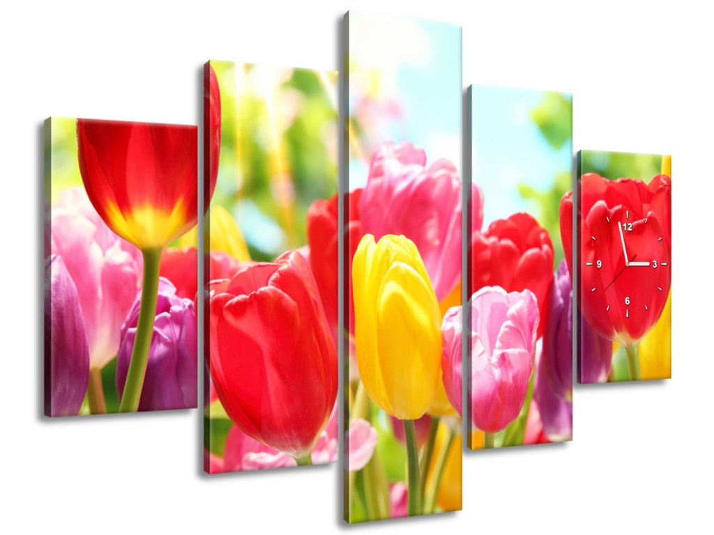 5 dielny obraz s hodinami Žltý tulipán