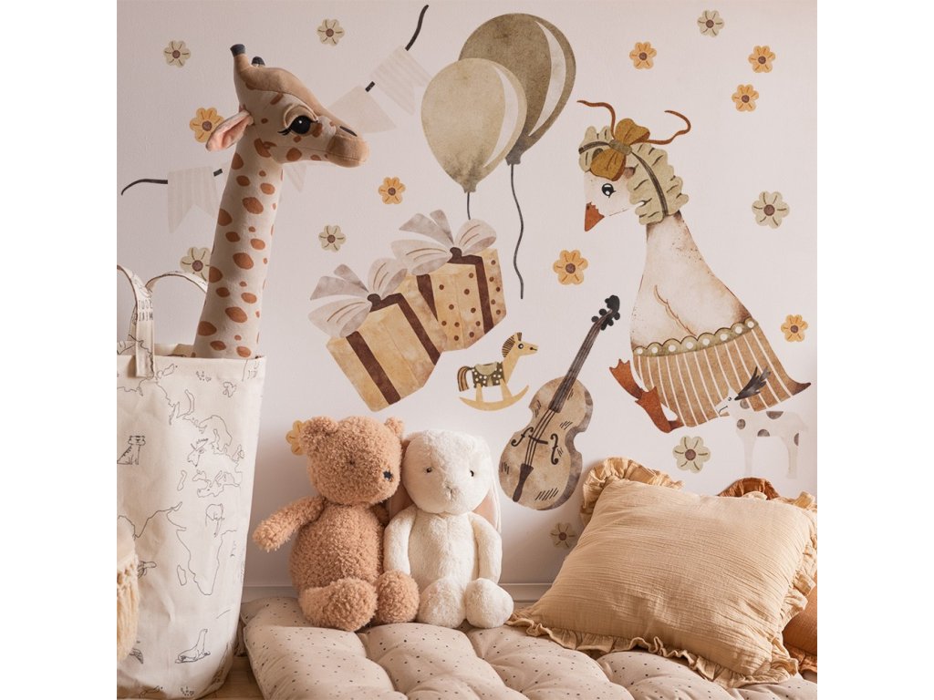 Detská nálepka na stenu Goose vintage birthday - pekná húska s balónmi