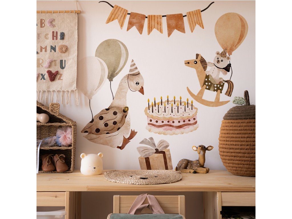 Detská nálepka na stenu Goose vintage birthday - krásna húska s koníkom