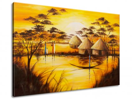Ručne maľovaný obraz Africká dedina 70x100cm + Darček