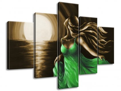 5 dielny ručne maľovaný obraz Žena v zelenom
