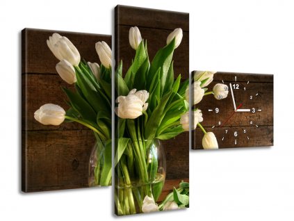3 dielny obraz s hodinami Očarujúce biele tulipány