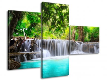 3 dielny obraz s hodinami Nádherný vodopád v Thajsku