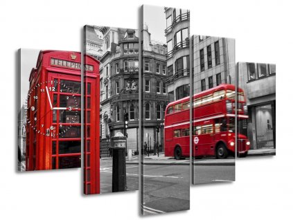 5 dielny obraz s hodinami Telefónna búdka v Londýne UK