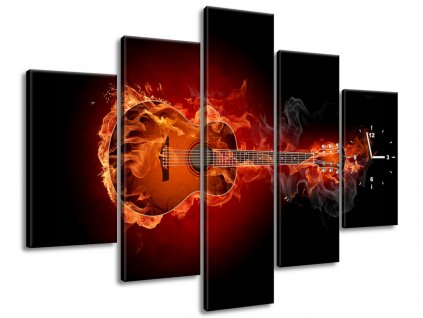 5 dielny obraz s hodinami Horiaca gitara