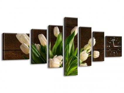 7 dielny obraz s hodinami Očarujúce biele tulipány
