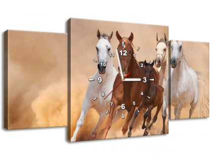 3 dielny obraz s hodinami Cválajúce kone