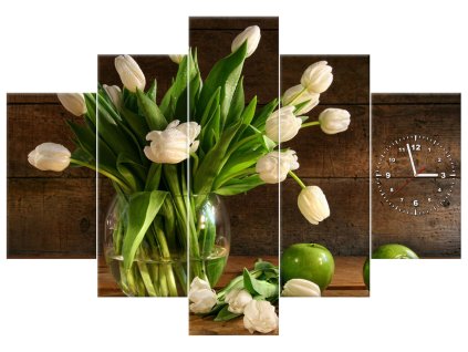 Obraz s hodinami Očarujúce biele tulipány - 5 dielny