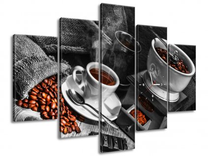 5 dielny obraz s hodinami Káva arabica