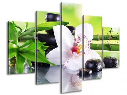 5 dielny obraz s hodinami Biela orchidea a kamene