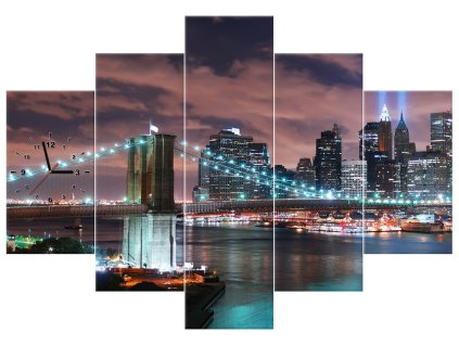 Obraz s hodinami Panoráma Manhattanu - 5 dielny