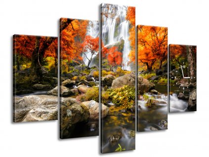 5 dielny obraz s hodinami Jesenný vodopád