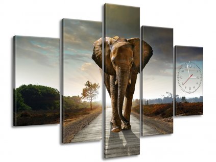 5 dielny obraz s hodinami Osamelý silný slon