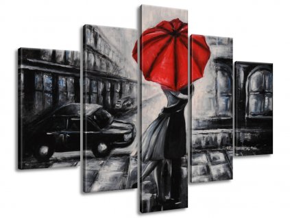 5 dielny ručne maľovaný obraz Červený bozk v daždi