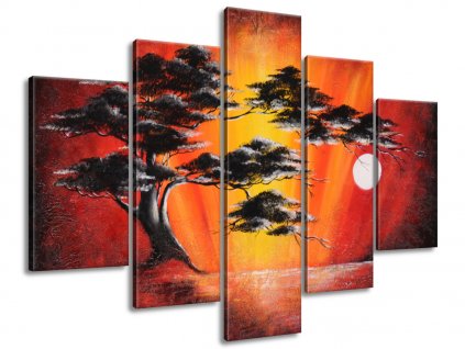 5 dielny ručne maľovaný obraz Masívny strom pri západe slnka