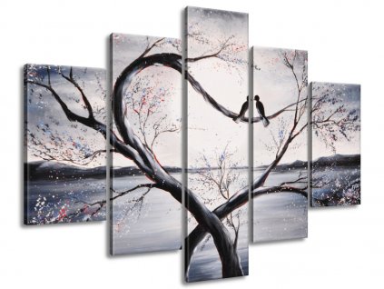 5 dielny ručne maľovaný obraz Vtáčia láska na konári