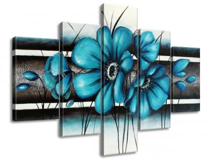 5 dielny ručne maľovaný obraz Maľované tyrkysové kvety