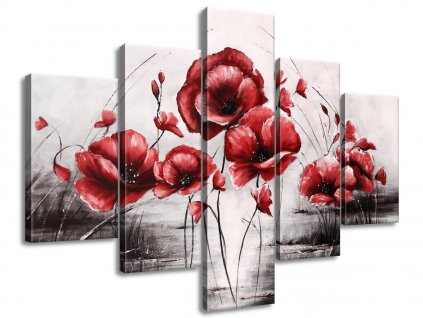 5 dielny ručne maľovaný obraz Červené Vlčie maky
