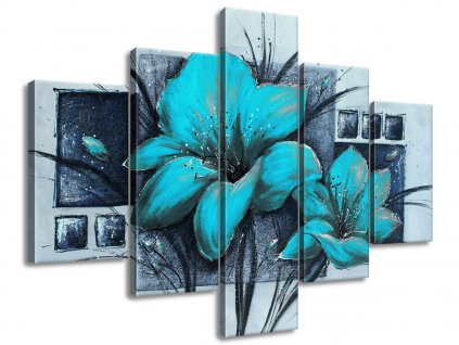 5 dielny ručne maľovaný obraz Nádherné modré Vlčie maky