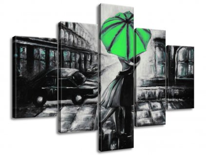 5 dielny ručne maľovaný obraz Zelený bozk v daždi