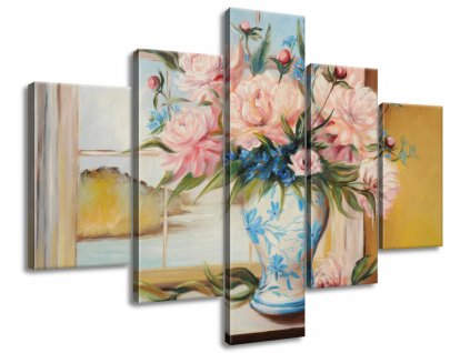 5 dielny ručne maľovaný obraz Farebné kvety vo váze