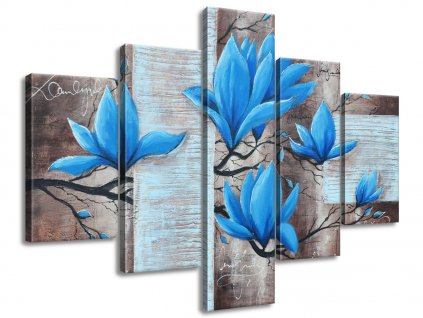 5 dielny ručne maľovaný obraz Nádherná modrá magnólia