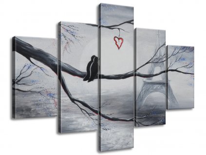 5 dielny ručne maľovaný obraz Vtáčia romantika v Paríži