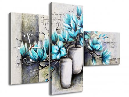 3 dielny obraz s hodinami Modré magnólie vo vázach