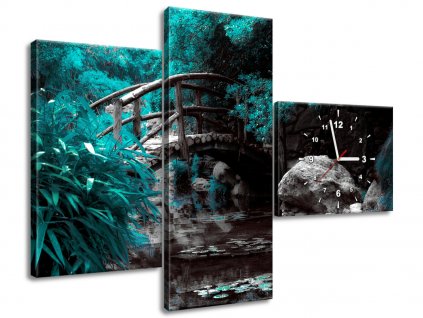 3 dielny obraz s hodinami Tyrkysová Japonská záhrada