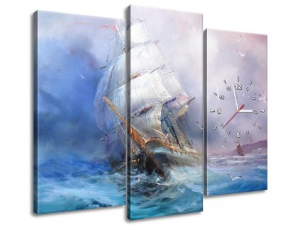 3 dielny obraz s hodinami Plachetnica na rozbúrenom mori