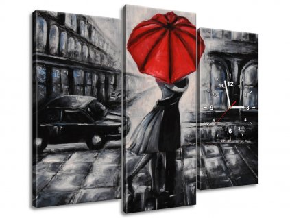 3 dielny obraz s hodinami Červený bozk v daždi
