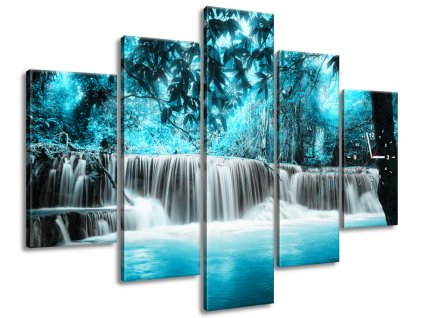 5 dielny obraz s hodinami Vodopád v modrej džungli