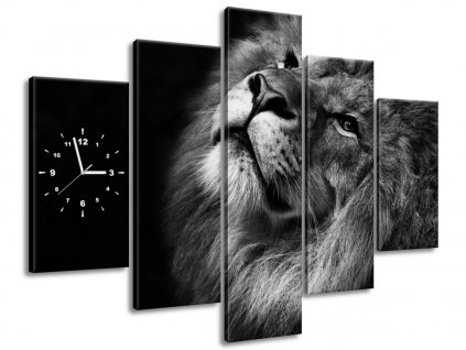 5 dielny obraz s hodinami Strieborný lev