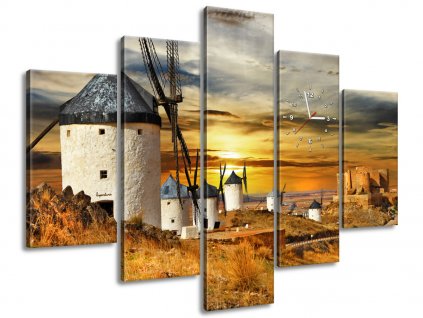 5 dielny obraz s hodinami Veterné mlyny v Španielsku