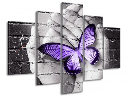 5 dielny obraz s hodinami Fialový motýľ na dlaniach