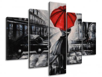 5 dielny obraz s hodinami Červený bozk v daždi