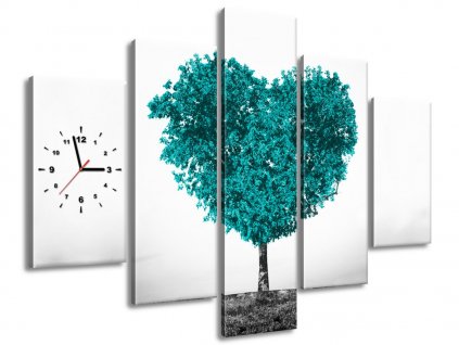 5 dielny obraz s hodinami Tyrkysový strom lásky