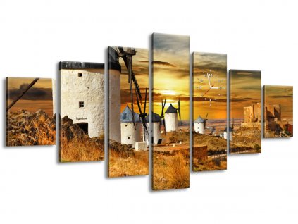 7 dielny obraz s hodinami Veterné mlyny v Španielsku