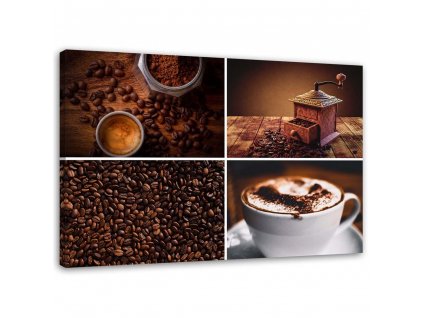 Obraz na plátne Kávové zrná, mlynček a káva