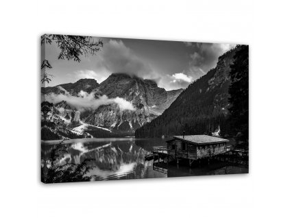Obraz na plátne Horská chata pri jazere - čiernobiely