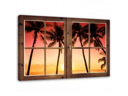 Obraz na plátne Okno - palmy a slnko