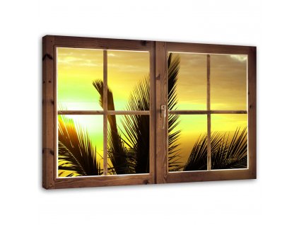 Obraz na plátne Okno - pohľad na listy palmy