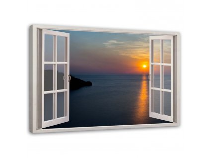 Obraz na plátne Okno - západ slnka nad zálivom