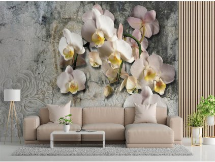 Fototapeta Kvitnúce orchidey na pozadí starej steny