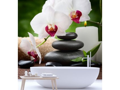 Fototapeta Orchidea, sviečka a zenové kamene v kúpeľoch