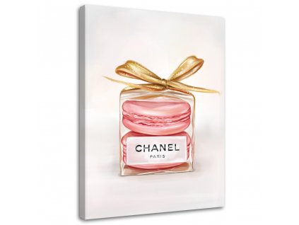 Obraz na plátne Flakón na parfém Chanel a makrónky