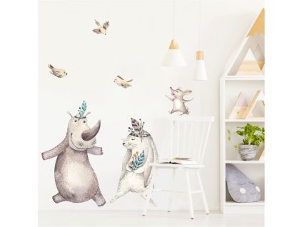 Detská nálepka na stenu Forest team - nosorožec, zajačik, myška a vtáčiky