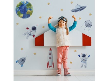 Detská nálepka na stenu Solar system - Zem, astronauti, rakety a UFO